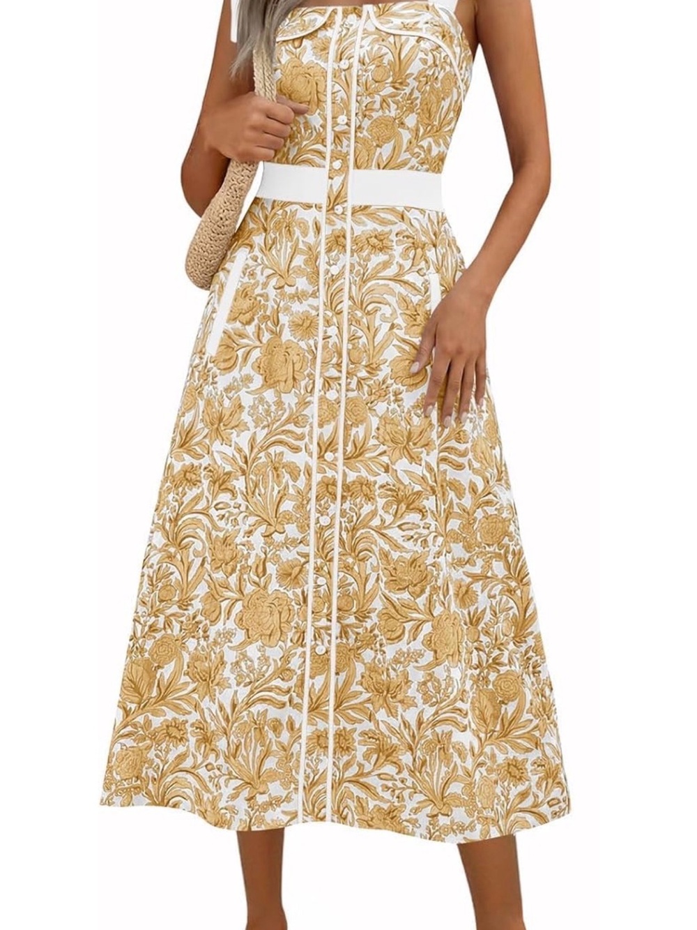 Floral A-Line Midi Dress in White and tan